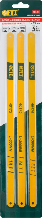 40175 Полотна ножовочные по металлу, легир.сталь, 20Cr, 300мм, в блистере 3шт./уп (18ТPI+24ТPI+32ТPI) FIT