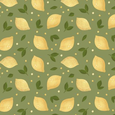 Лимоны и листья на зелёном фоне