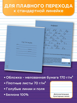 Набор тетрадей ТЕТРАДКИН, широкая линия с доп. пунктирной линией 3 мм , 12 л, цвет - синий, 50 шт