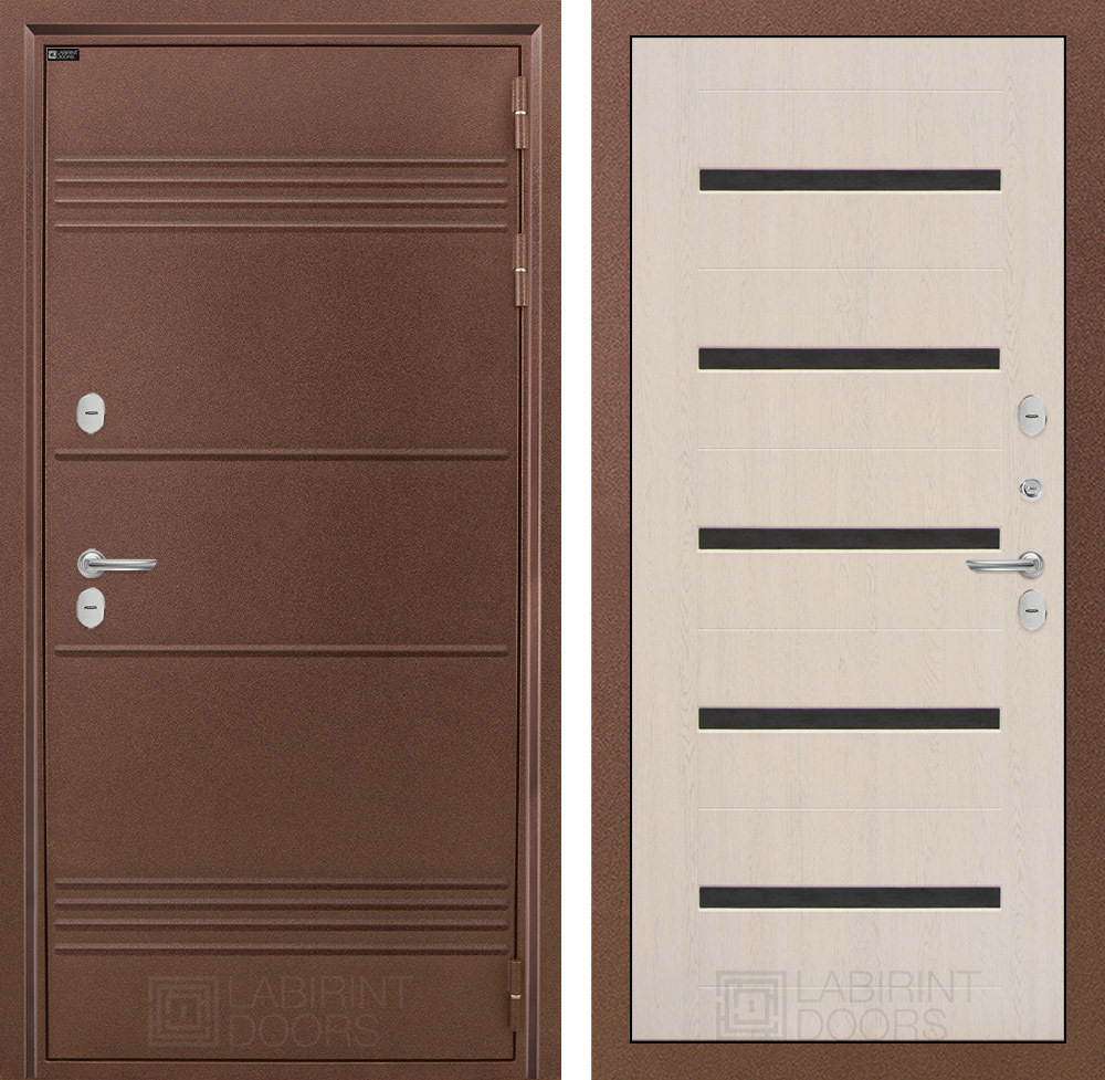 Дверь с терморазрывом входная Лабиринт Термо Лайт 01 Беленый дуб, стекло черное