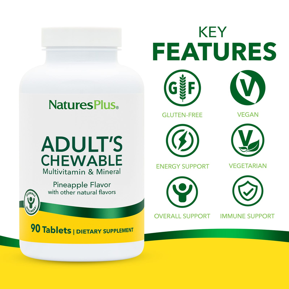 NaturesPlus, жевательные таблетки с мультивитаминами и минералами для взрослых, ананас, 90 таблеток