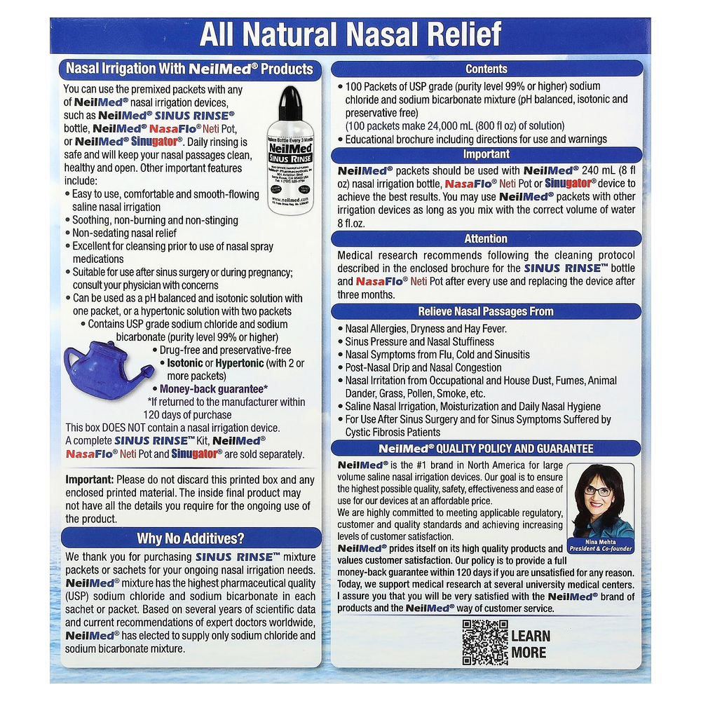 NeilMed, Sinus Rinse®, натуральное средство для промывания носа, 100 пакетиков с готовой смесью
