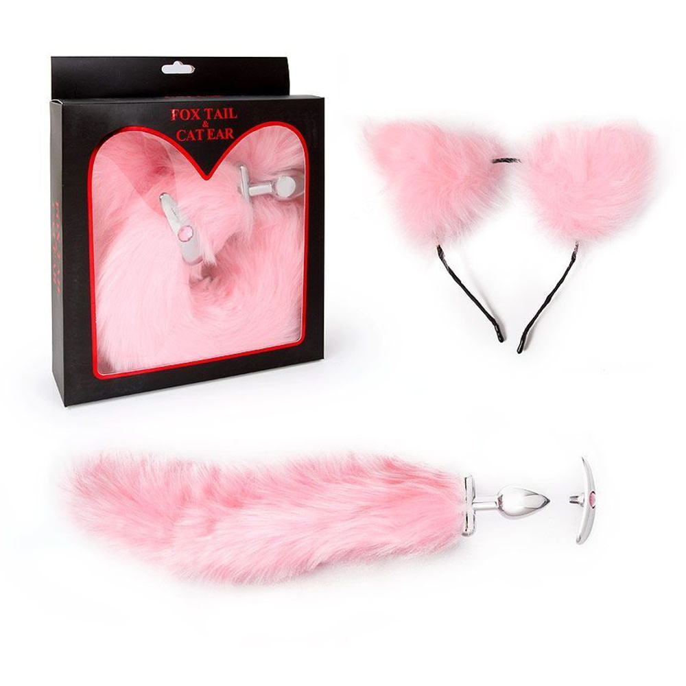 Розовый игровой набор: ободок с ушками и анальная пробка с хвостиком (Цвет: розовый)