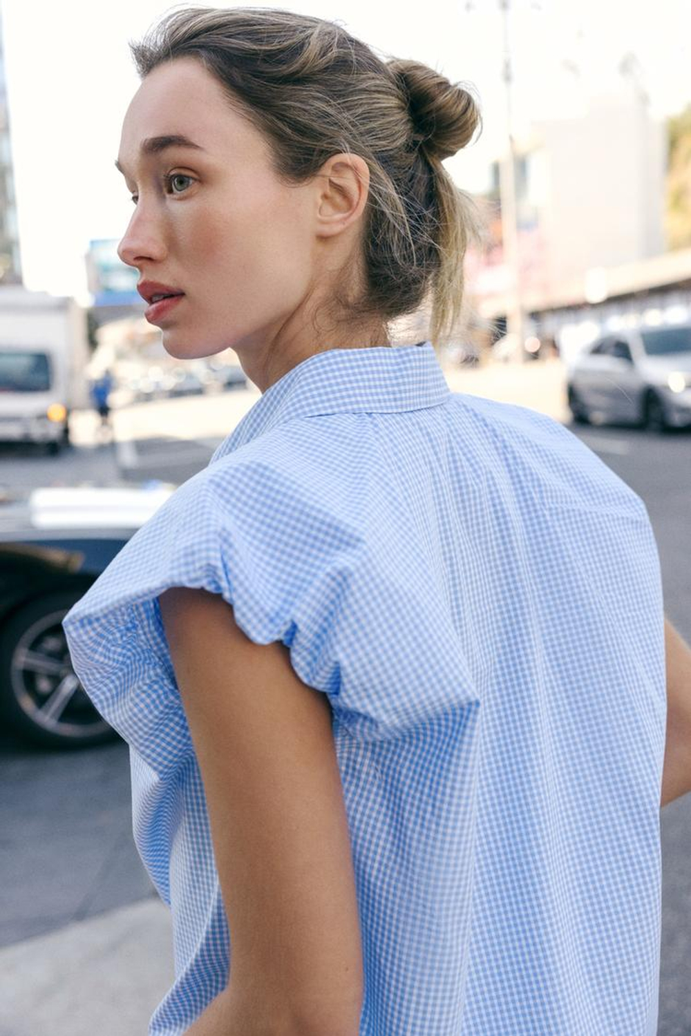 ZARA РУБАШКА С ОБЪЕМНЫМИ РУКАВАМИ, СИНИЙ/БЕЛЫЙ