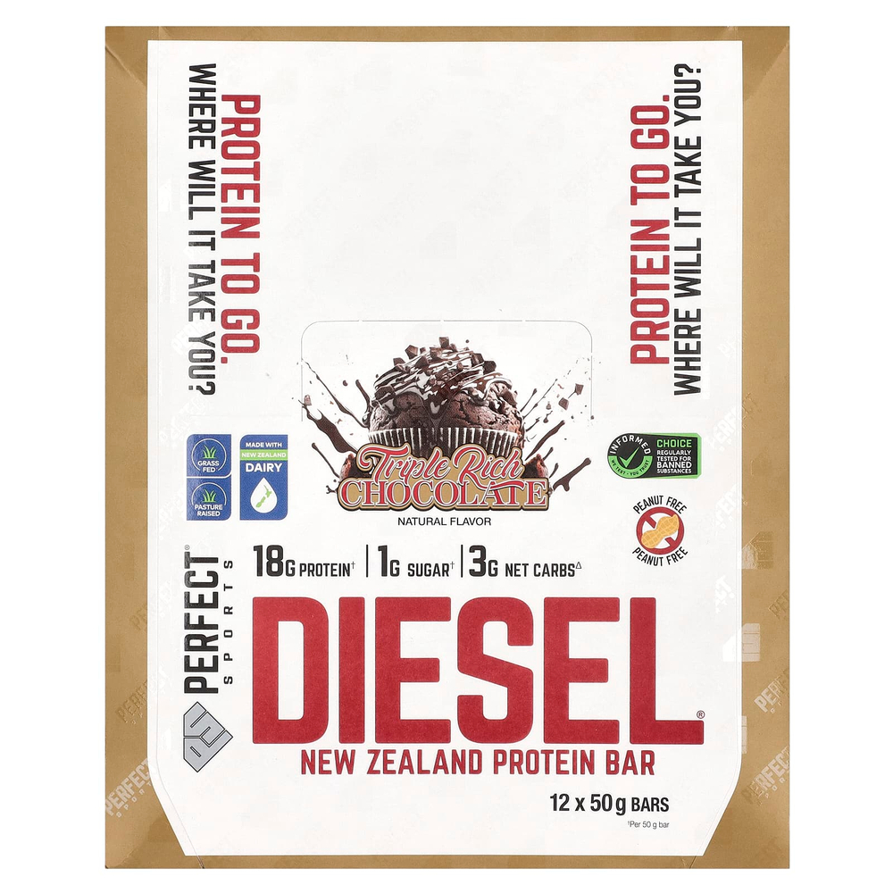 PERFECT Sports, Diesel, протеиновый батончик из Новой Зеландии, тройной насыщенный шоколад, 12 батончиков по 50 г