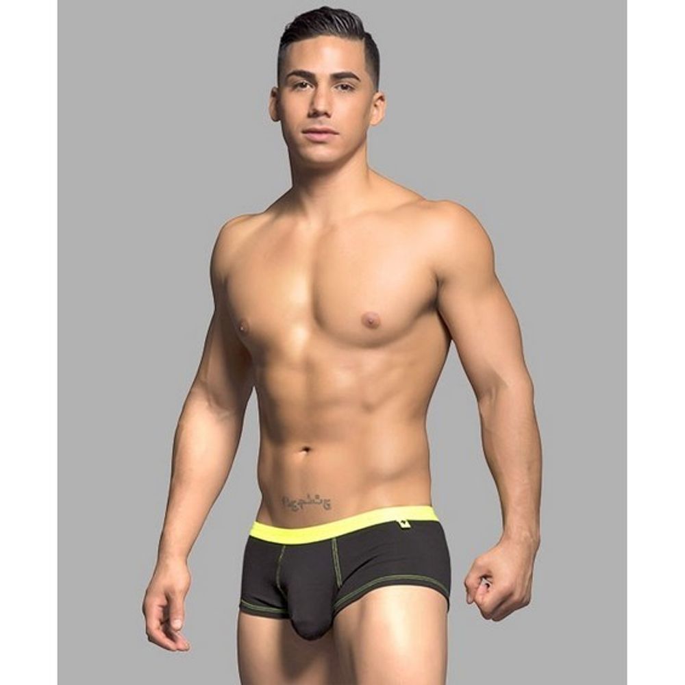 Мужские трусы боксеры черные с тонкой желтой резинкой Andrew Christian Glow Yellow  AC9846