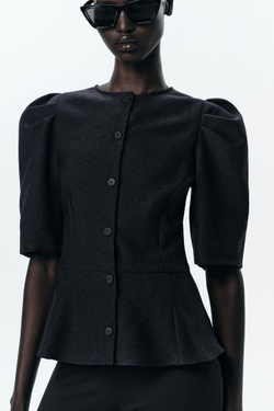 ZARA ТОП С БАСКОЙ И ОБЪЕМНЫМИ РУКАВАМИ, АНТРАЦИТОВО-СЕРЫЙ