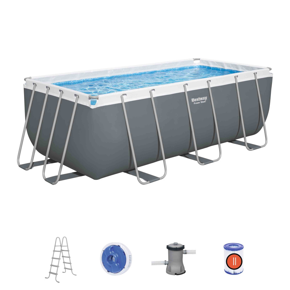 Каркасный прямоугольный бассейн Bestway 412х201х122 см + фильтр-насос 2006 л/ч, лестница (56456 BW)