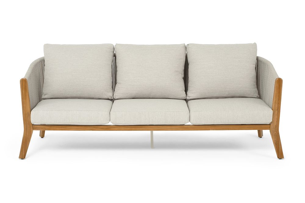 "Сидней" диван 3-местный плетеный из роупа, основание тик, каркас алюминий бежевый, роуп бежевый, ткань бежевая