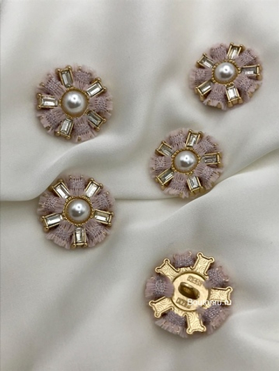 Пуговицы золотые со стразами и жемчугом в форме цветка с твидовой розовой тесьмой