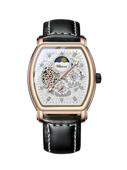 Часы наручные механические с автоподзаводом скелетоны CHENXI на кожаном ремешке, медный/черный W9080-01