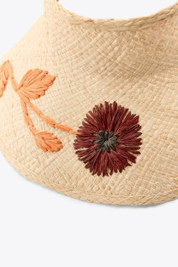 ZARA ПЛЕТЕНЫЙ КОЗЫРЕК С ЦВЕТАМИ, СВЕТЛО-БЕЖЕВЫЙ