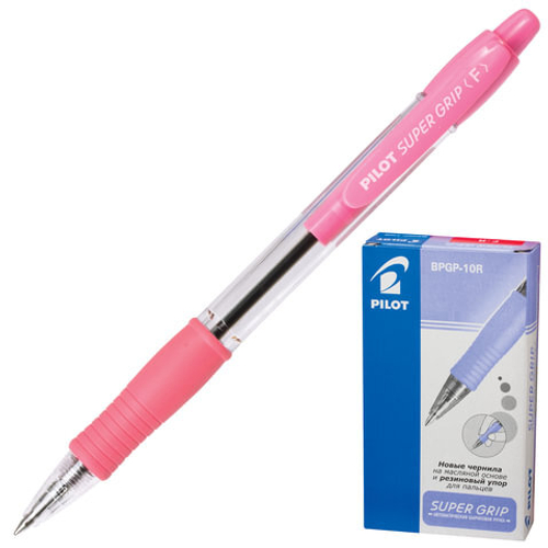 Ручка шариковая масляная автомат. с грипом PILOT Super Grip, СИНЯЯ,розов.детали,линия0,21мм,BPGP-10R