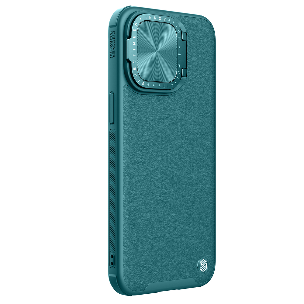 Чехол зеленого цвета (Exuberant Green) с вставками из кожи от Nillkin для iPhone 15 Pro Max, с откидной металлической крышкой для камеры, серия CamShield Prop Leather
