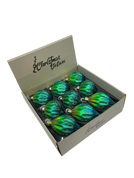 Набор стеклянных украшений Перо павлина 80 мм., 9 шт., шар, капля, луковка, зеленый, Christmas DeLuxe (13962)