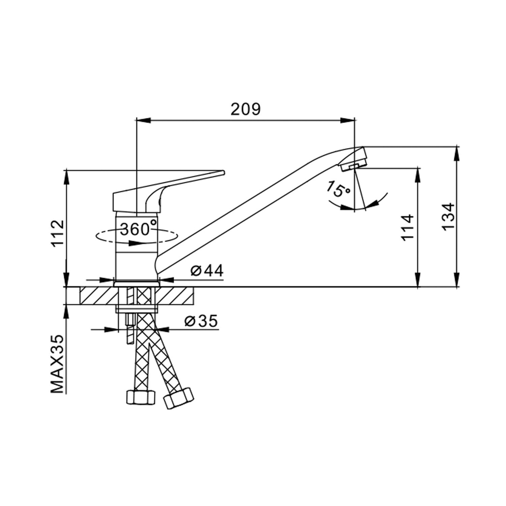 Смеситель для кухни 35к F4213 FRAP (плоский пов.излив, п/шпильку, хром, силумин)
