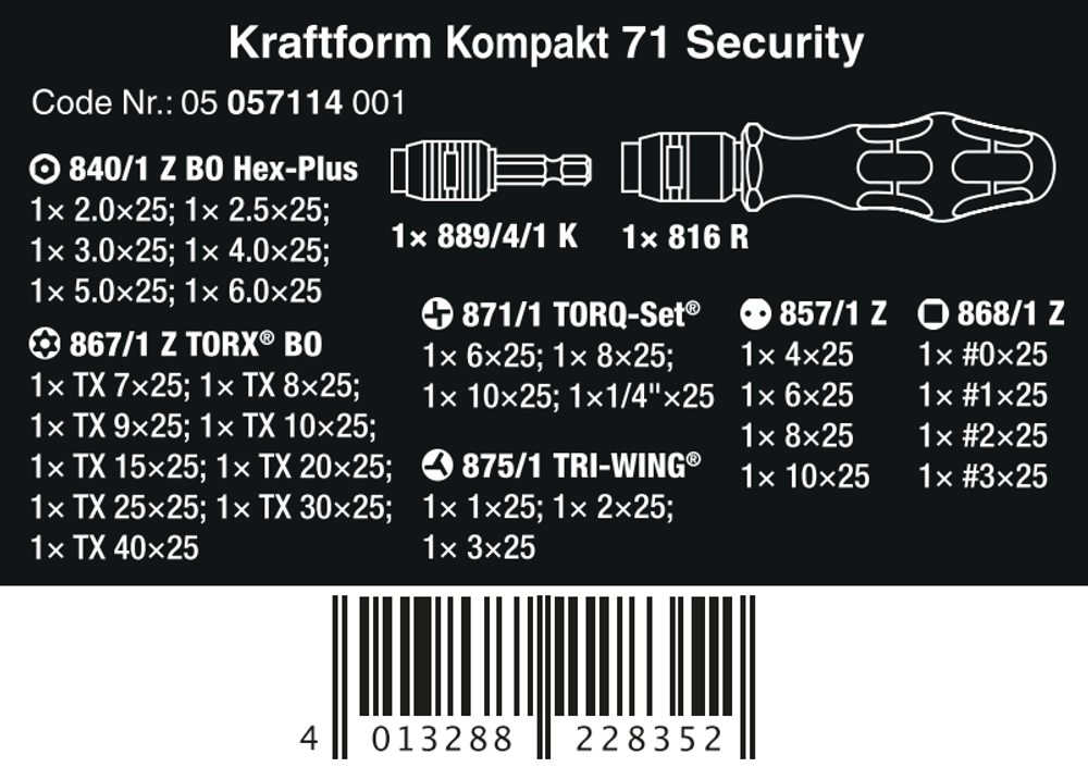 Набор отвёрток Kraftform Kompakt 71 Security WERA 05057114001