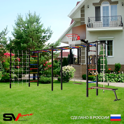 Уличная шведская стенка Sv Sport рукоход х 2 с комплектом турник прямой У53444К (Турник/Брусья/Скамья/Деревянные/Щит баскет/Канат/кольца/лестница/Сетка)