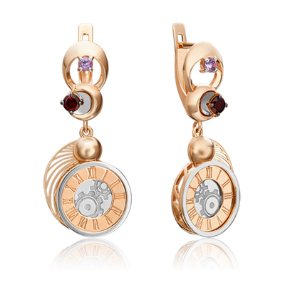 Серьги «Импульс» с английским замком из комбинированного золота с гранатом и аметистом