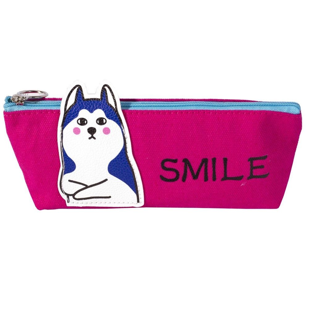Пенал - косметичка Alingar, ткань, молния, 80 х 190 мм, "Smile", розовый (собачка хаски, надпись "SMILE")