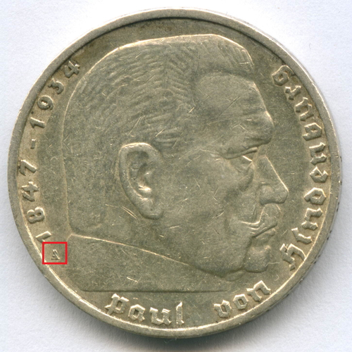 5 марок 3 рейх 1936 год (A) орел без свастики XF-AU