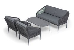 "Канны" лаунж-зона 4-местная (разборная) из роупа со столиком "Диего" цвета "серый гранит", роуп темно-серый круглый, ткань темно-серая