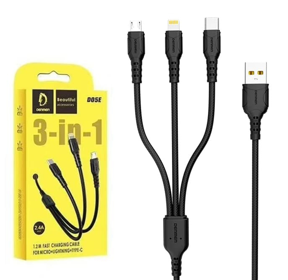 Кабель USB DENMEN D05E 3 в 1 для iPhone/Micro/Type C (черный) 1m