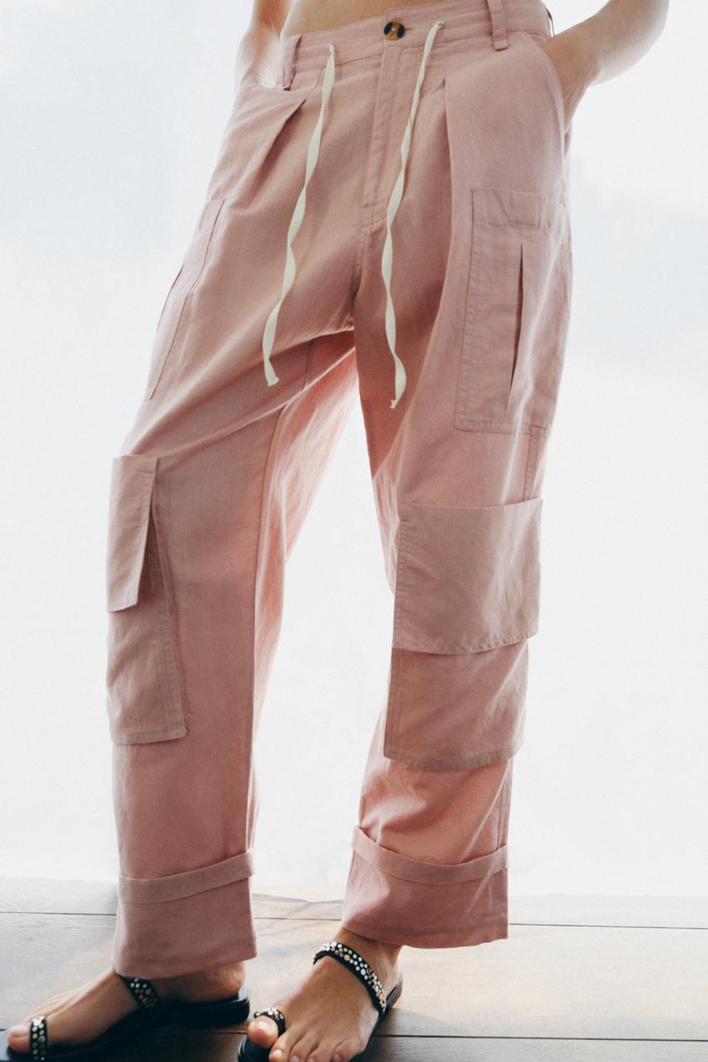 ZARA БРЮКИ КАРГО ИЗ СМЕСОВОГО ЛЬНА — ZW COLLECTION, СВЕТЛО-РОЗОВЫЙ