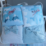 Комплект в кроватку 18 предметов "Вертолеты, самолеты", голубой сатин