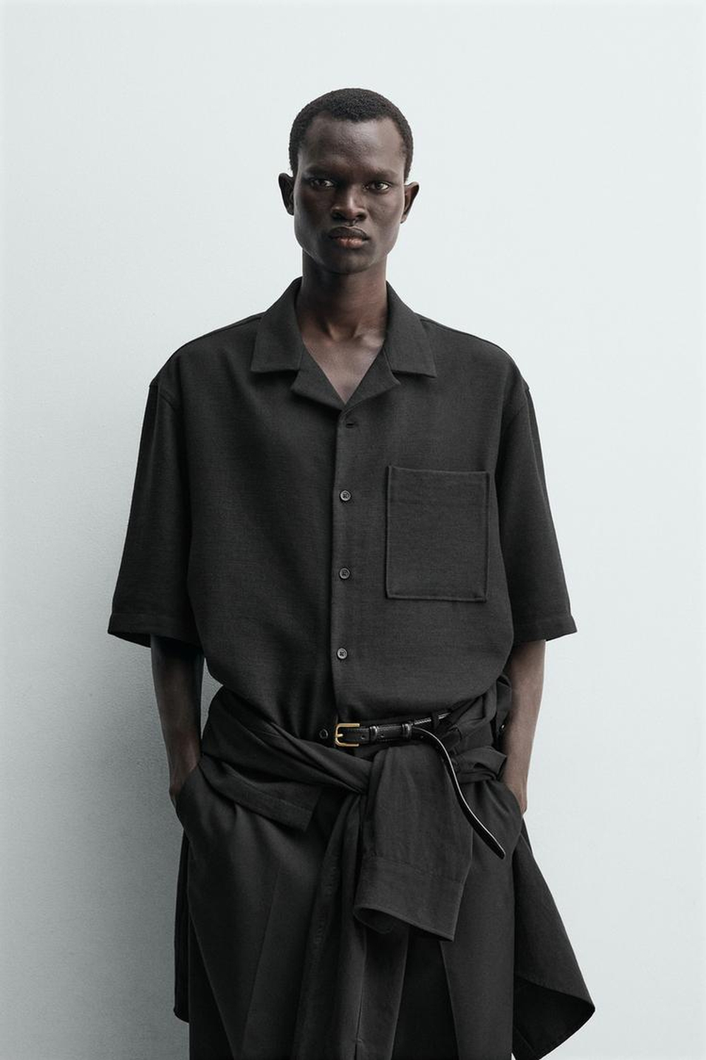 ZARA РУБАШКА BOXY FIT ИЗ РЕЛЬЕФНОЙ ТКАНИ, ЧЕРНЫЙ