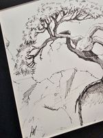 Картина, графика в паспарту 21х30 см на стену для интерьера "Сосна на утесе"