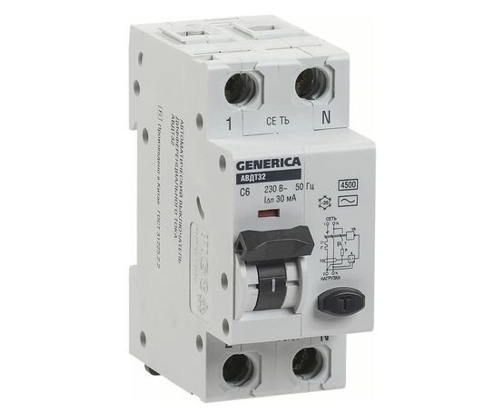 Дифавтомат IEK GENERICA 2P 6А (C) 4.5кА 30мА (AC), MAD25-5-006-C-30