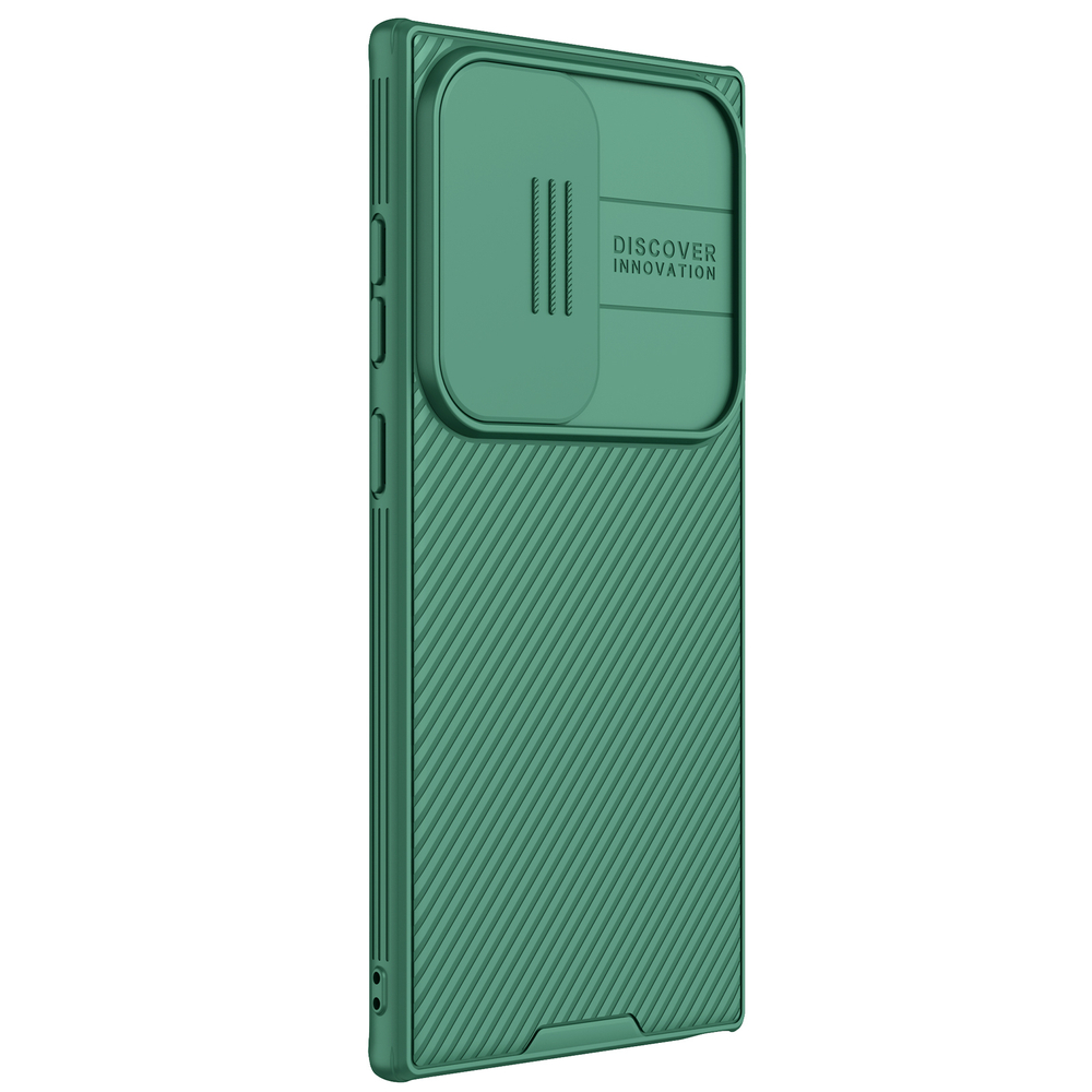 Чехол зеленого цвета (Deep Green) усиленный с защитной шторкой для камеры от Nillkin на Samsung Galaxy S24 Ultra, серия CamShield Pro Case