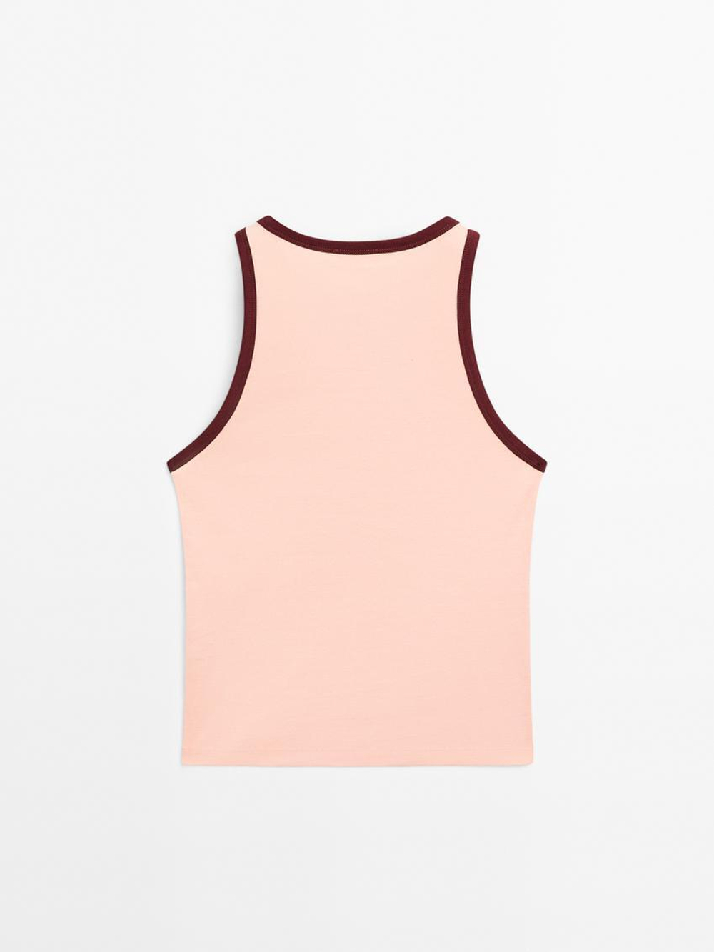 Massimo Dutti Топ из 100% хлопка с горловиной халтер и контрастной отделкой, цвет розового дерева