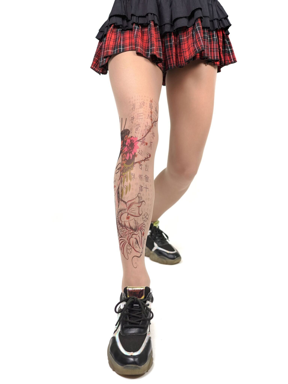Колготки с принтом в виде гейши на правой ножке (Размер: S-M-L) (Цвет: бежевый)