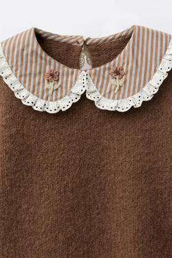 ZARA ТРИКОТАЖНЫЙ ДЖЕМПЕР С ПОЛОСАТЫМ ВОРОТНИКОМ И ЦВЕТАМИ, ШОКОЛАДНЫЙ