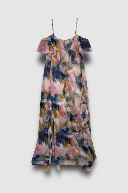 Платье-комбинация с воланами из шифона, абстрактный принт