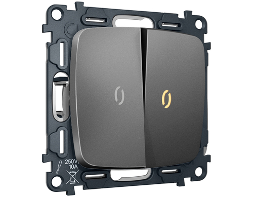 MO654050 Комплект механизма 2-кл выключателя с самовозвратом с подсветкой 3200K OMEGA Антрацит серый QUANT (OP6540, VM129, G11Y)