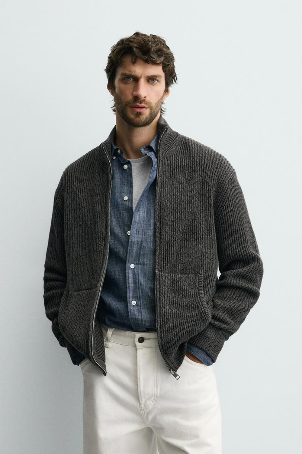 ZARA КАРДИГАН НА МОЛНИИ, СЕРОВАТО-КОРИЧНЕВЫЙ