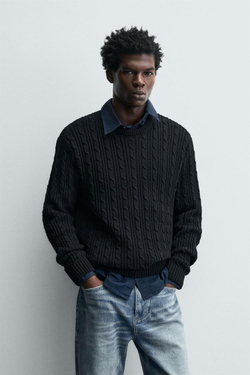 ZARA СВИТЕР С УЗОРОМ «КОСЫ», ЧЕРНЫЙ