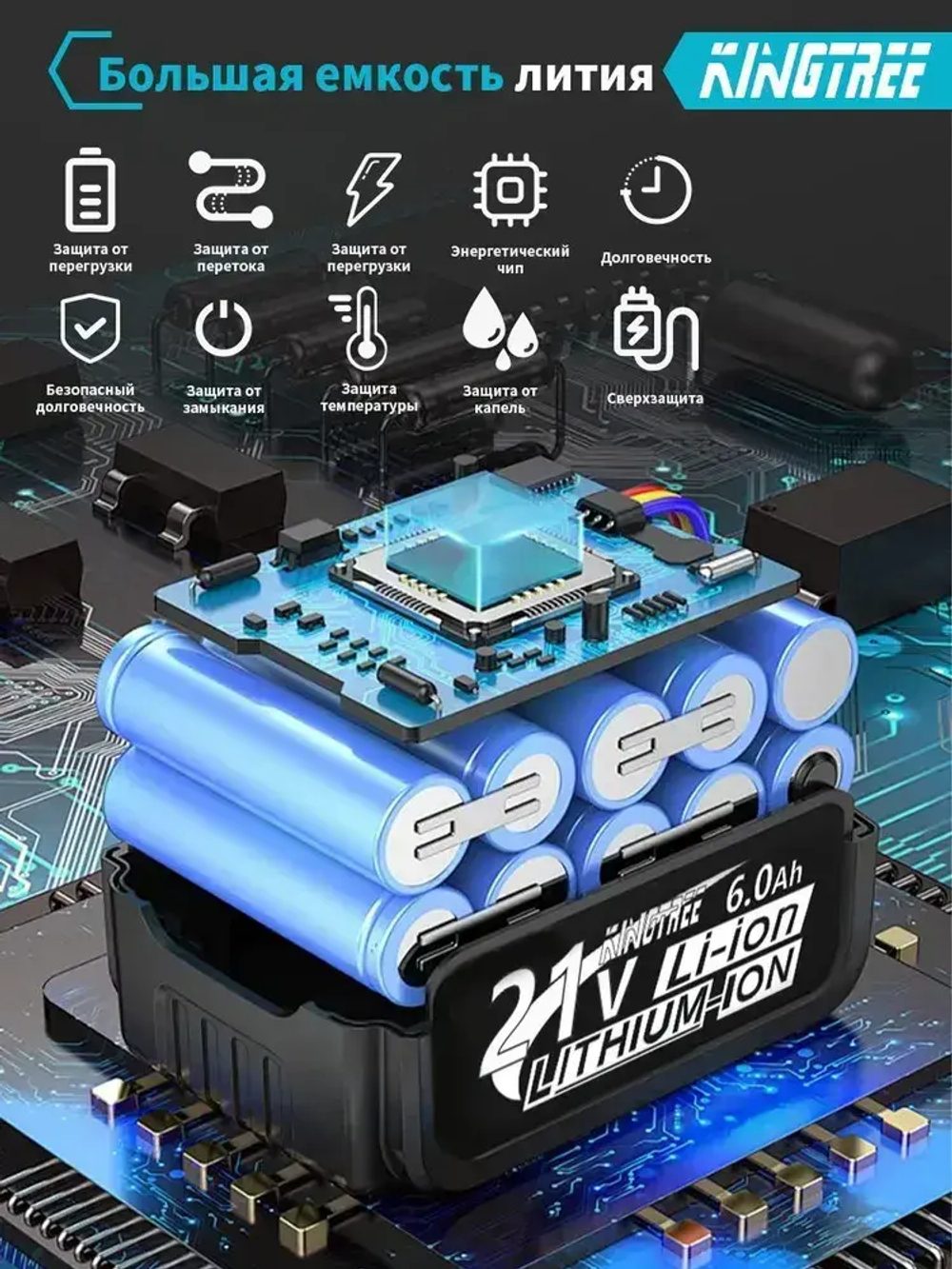 Kingtree Tool DTW700 1800N.m Бесщеточный Электрический Ударный Гайковерт С Высоким Крутящим Моментом 1/2 Дюйма - 1 Аккумулятора 6,0 Ач 21В И Ящик Для Инструментов