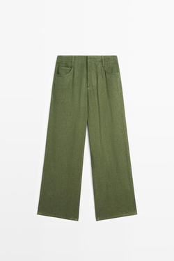 Massimo Dutti Прямые брюки из смесовой льняной ткани, зеленый
