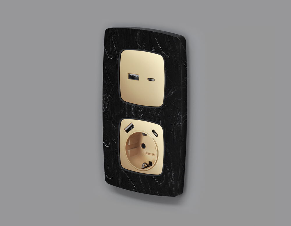 MO610010 Комплект механизма электрической розетки OMEGA Шампань 2USB A+C 20W (быстрая зарядка) с/з QUANT (OP6100, VM160)