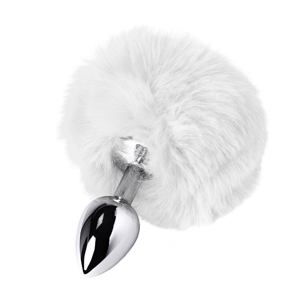 Анальная втулка с белым заячьим хвостом 8 см