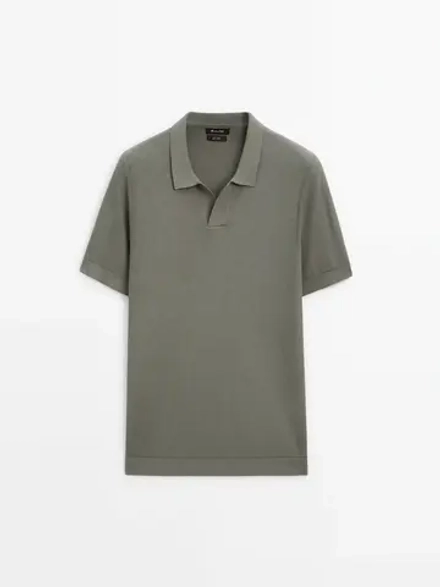 Massimo Dutti Хлопковый свитер с воротником поло и короткими рукавами, хаки