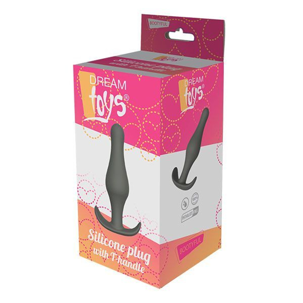 Серый удлиненный анальный стимулятор PLUG WITH T-HANDLE - 15,6 см. (Цвет: серый)