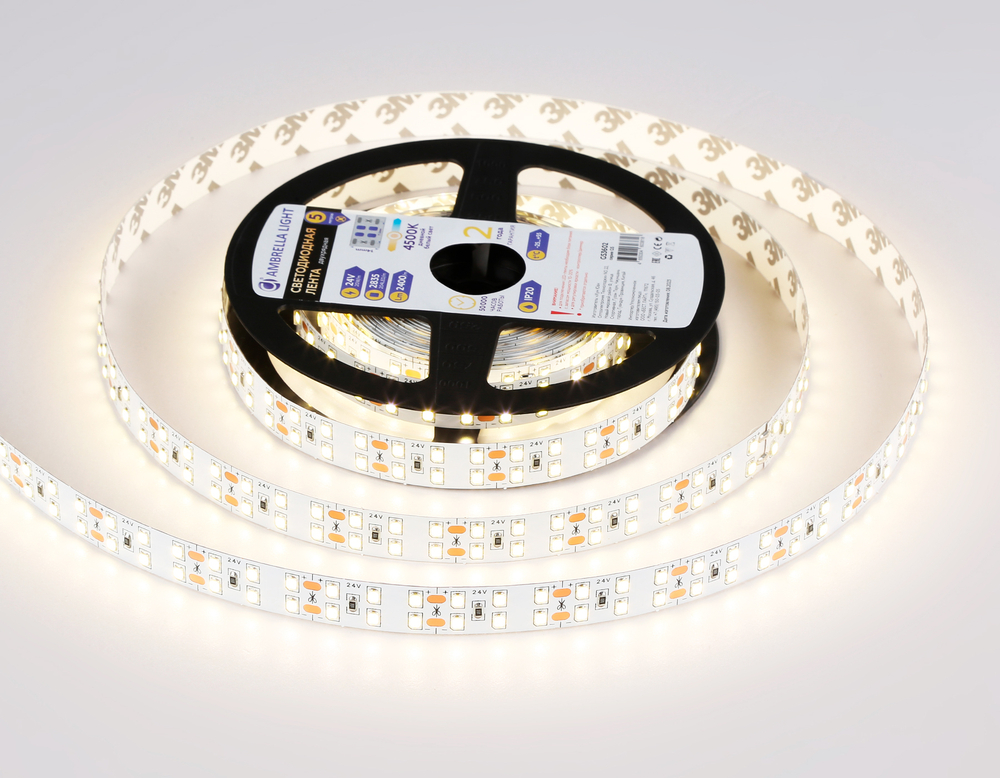 Светодиодная лента двухрядная GS3602 2835 204Led/ 20W m/ 24V IP20 4500K/ 5000*14*1.2mm/ кратность резки 72mm (2 конт.)