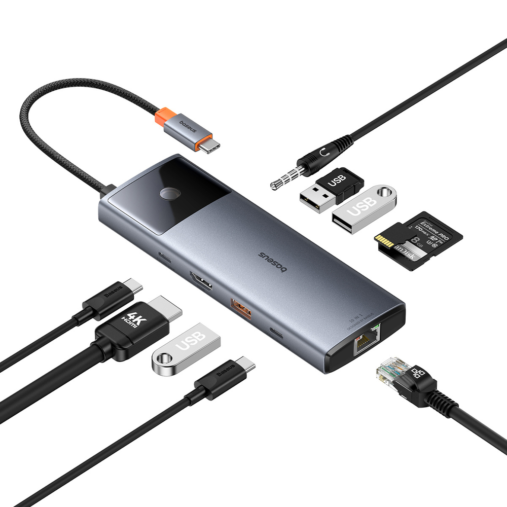 USB-C Хаб Baseus Metal Gleam II 10-in-1 (HDMI4K@60Hz + USB-A3.2(10Gbps) + USB-C3.2(10Gbps) + 2xUSB-A2.0 + RJ45 + SD + TF + USB-C-PD + mj3.5mm)