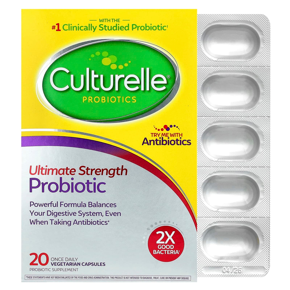 Culturelle, пробиотики, повышенная эффективность, 20 миллиардов КОЕ, 20 вегетарианских капсул для приема один раз в день