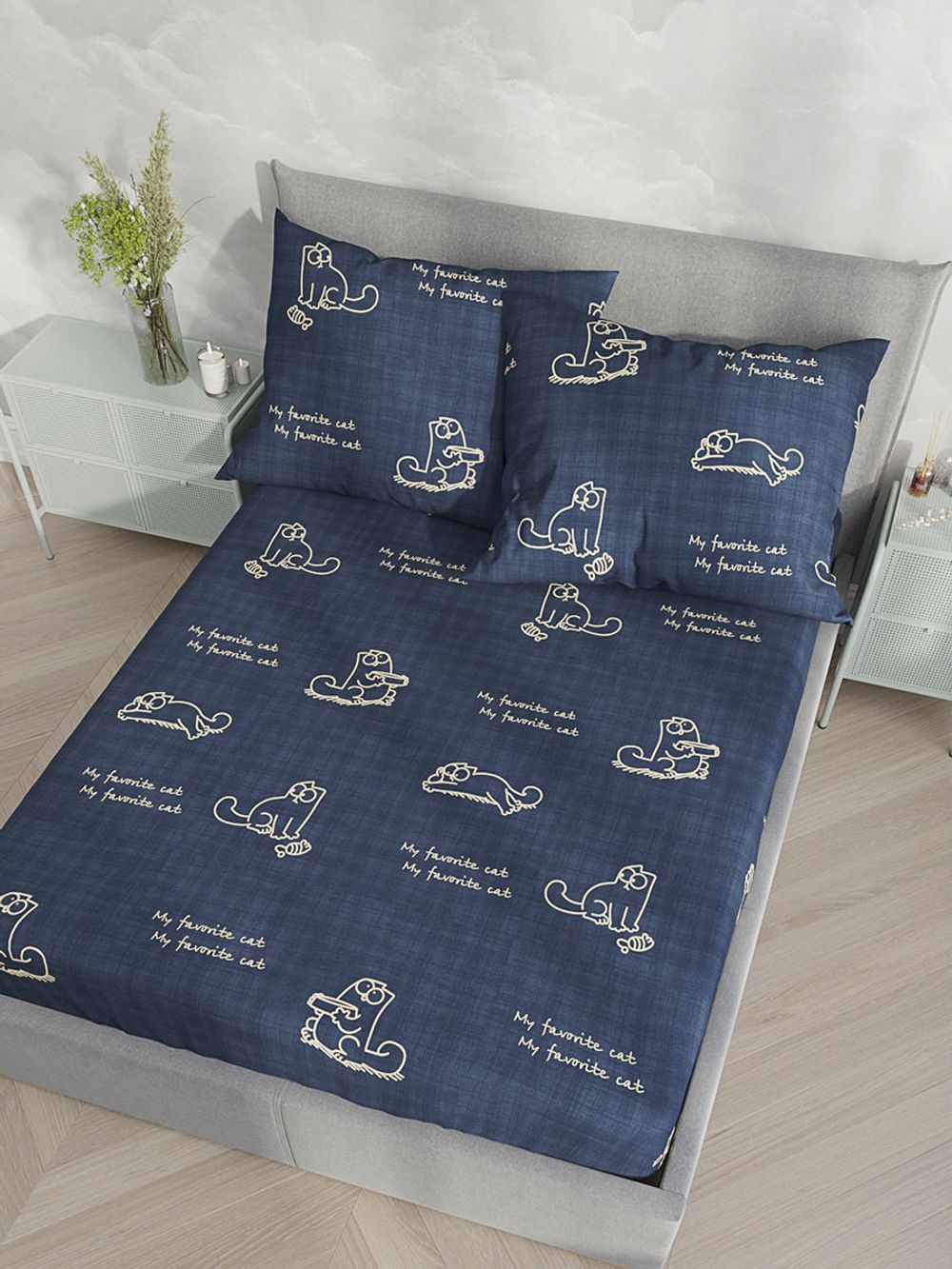 Постельное белье Сказка "Котики Грей" 1,5-сп Наволочка 50х70 см 1 шт Простынь на резинке 90х200 см Пододеяльник 145х215 см, поплин